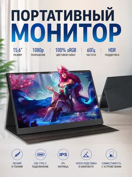 15.6" Монитор IPS (15.6), IPS, 1920x1080 Full HD, 60 Гц, черный