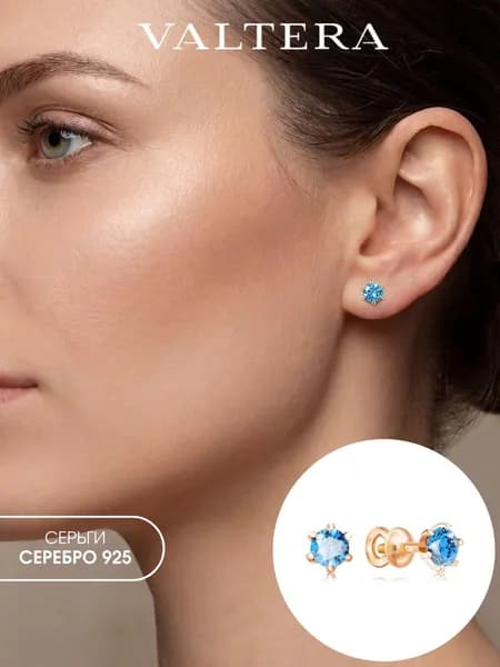 Серьги серебро 925 гвоздики пусеты позолота голубой камень