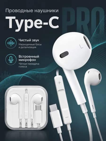 Наушники проводные Type C с микрофоном для iPhone 15, 16, 17, телефона и компьютера, белые