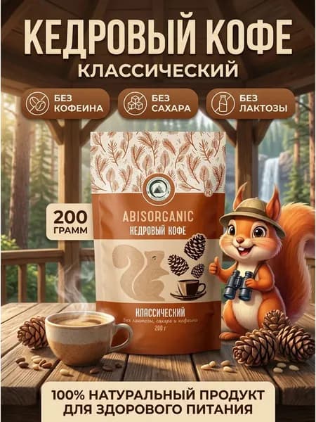 Кедровый кофе классический натуральный без сахара и кофеина ABISORGANIC 200 гр, сибирский напиток из кедровых орехов со сливками, растительный заменитель кофе