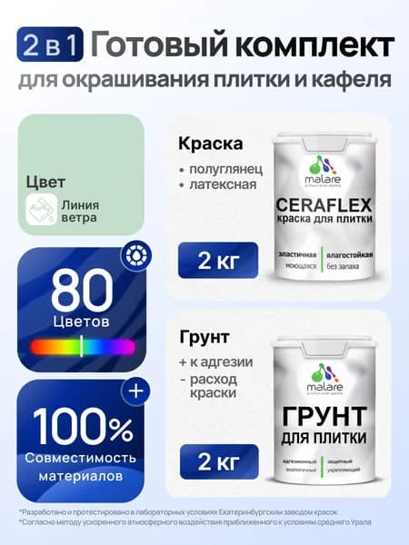 Комплект Malare LIPPO для окрашивания плитки и кафеля (2кг грунт + 2кг краска), акриловый, без запаха, быстросохнущий, полуглянцевый, цвет линия ветра
