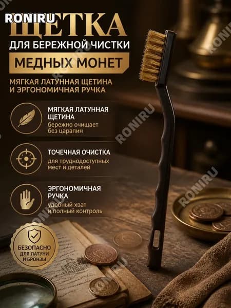 Щетка для бережной чистки медных монет, мягкая латунная щетина и эргономичная пластиковая ручка для локальной очистки бронзы и латуни