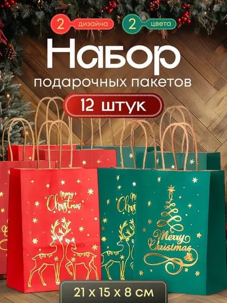 Пакеты новогодние подарочные крафтовые 12 штук 21х15 см