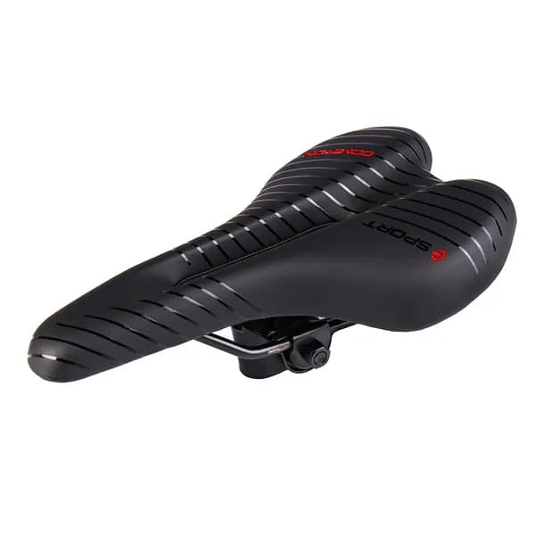 Седло велосипедное MTB COMIRON POGACAR N846 280X160, Технологии: DW, ED. Верх: PU принтованный глянец, Рамки/Зажим Чёрный Цвет: Чёрный Красный