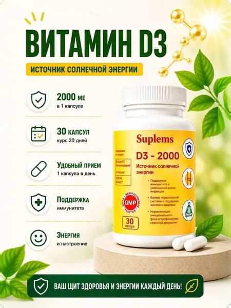 Витамин Д3 2000 ME для взрослых, D3 2000 ME, для иммунитета 30 капсул