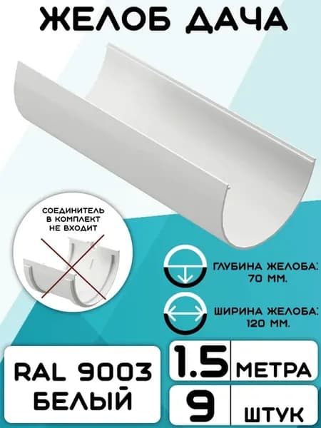 9 штук желобов ПВХ Дача белые по 1,5 метра