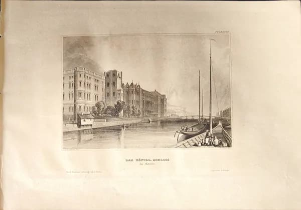 Антикварная гравюра. Вид на королевский канал в Берлине 1840 год.