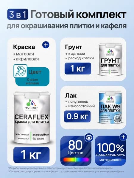 Комплект Malare LIPPO для окрашивания плитки и кафеля (1кг грунт + 1 кг краска + 0.9кг лак), акриловый, без запаха, быстросохнущий, полуглянцевый, цвет синяя малина