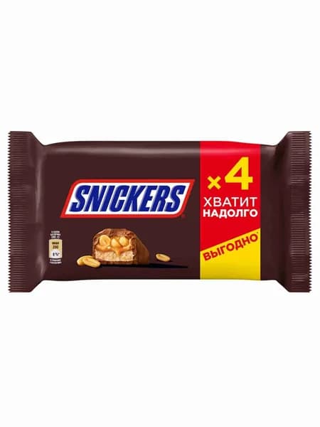 Шоколадные батончики с орехами Snickers, арахис, нуга и карамель в молочном шоколаде, набор батончиков, 4 шт по 40 г