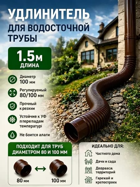 Гибкий гофрированный удлинитель водостока 90/110 мм, разборный шланг до 1.5 м с поворотными фитингами, универсальная дренажная труба