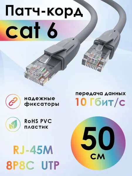 Короткий патч корд 50см KAT.6 4ПХ LAN кабель для интернета 10 Гбит/с серый