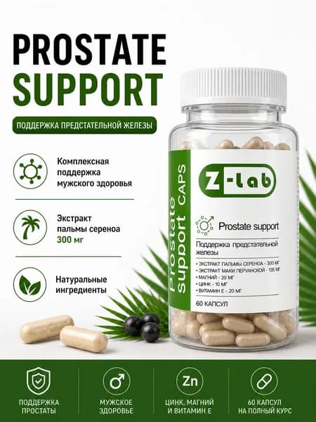 Мужское здоровье Prostate support caps Z-lab, Saw palmetto, мака перуанская, цинк, магний, витамин Е, 60 капсул, на 30-60 дней