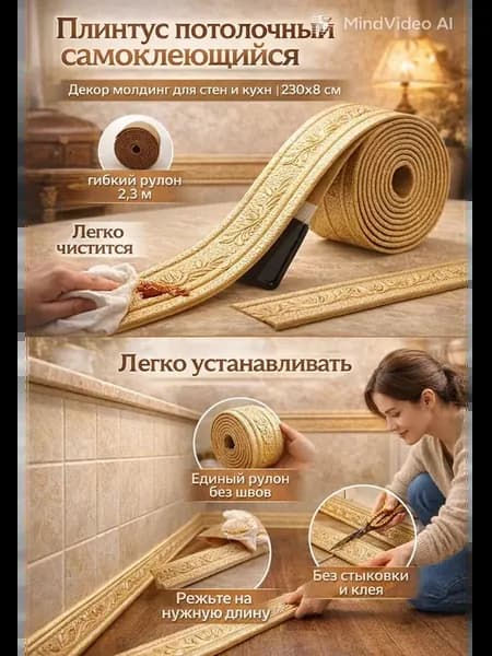 Плинтус потолочный самоклеющийся 230x8 см золотой