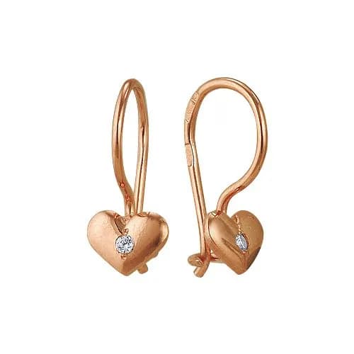 Серьги Сердечки из золоченого серебра с фианитами