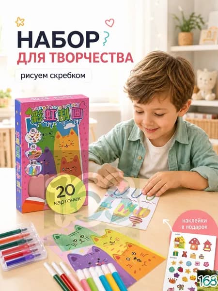 Набор для творчества детский скретч-карты 20 шт, рисование скребком, DIY раскраска, развивающий набор для детей, фломастеры и наклейки в комплекте, подарок мальчику и девочке