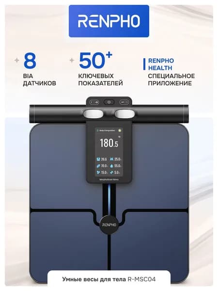 Весы напольные Renpho R-MSC04, максимальная нагрузка 180 кг, шаг измерения 0.5 г, Bluetooth
