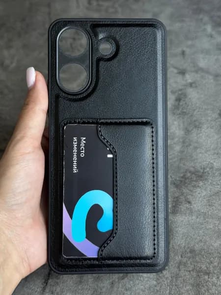 Чехол на Redmi 13C / Poco C65 черный c двумя карманами для банковских карт и подставкой.