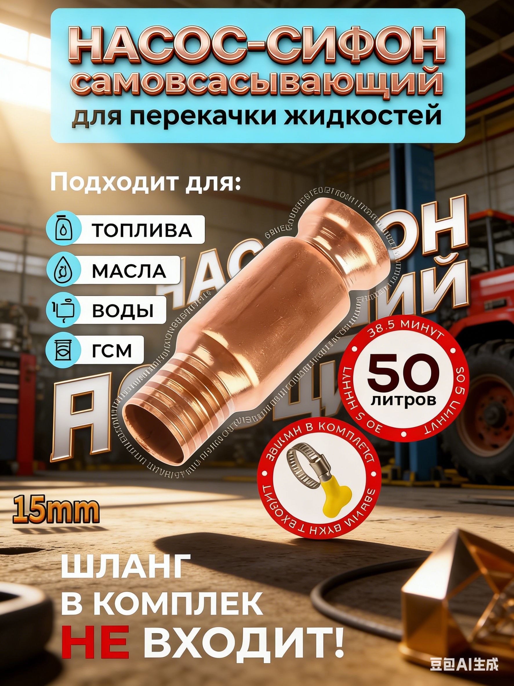 Самовсасывающий сифон для бензина 15 мм с медным клапаном; насос для перекачки ГСМ и дизеля, надежная заправка лодки и автомобиля без использования рта.