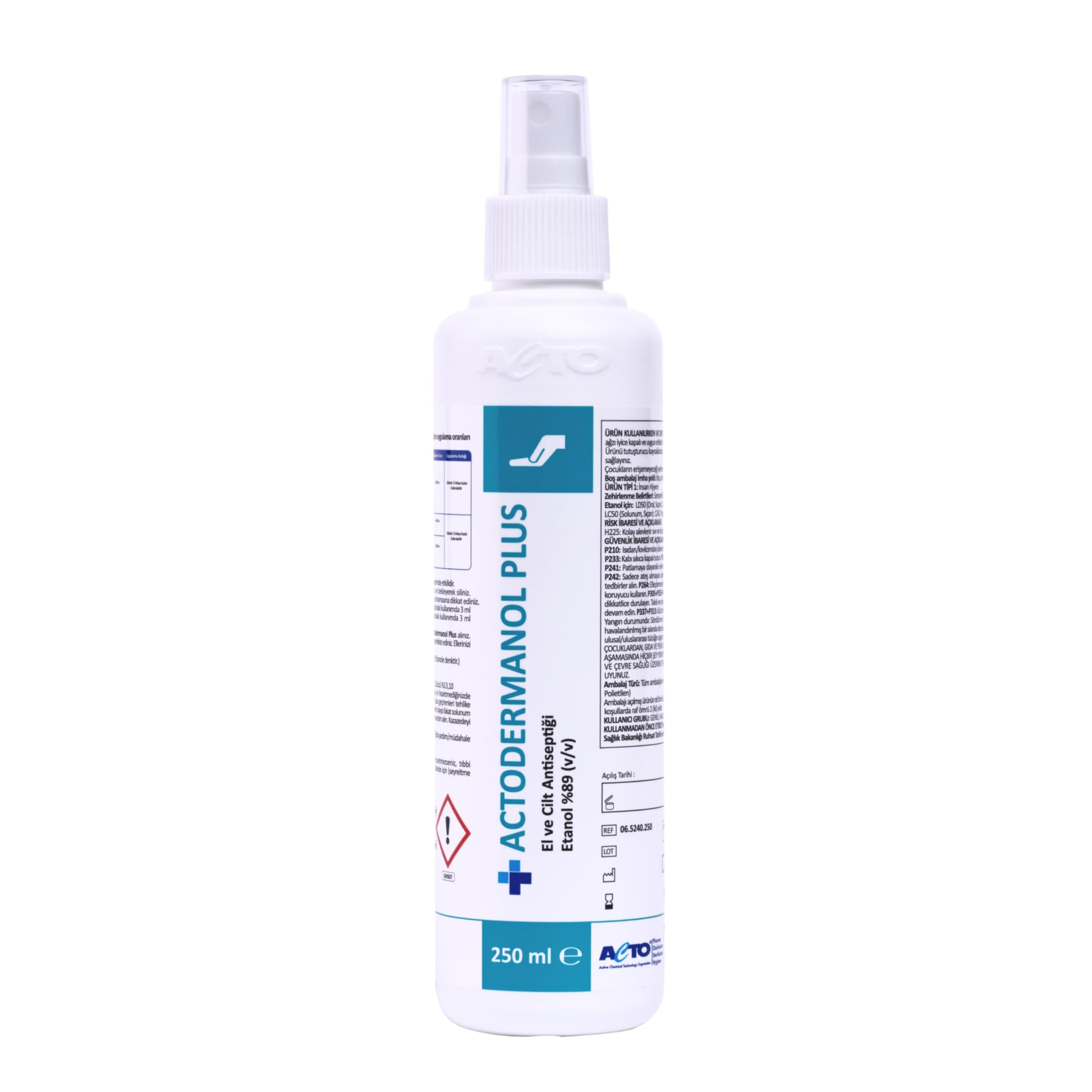 ACTODERMANOL plus 250 мл Антисептик для рук и кожи Быстродействующее, дезинфицирующее средство с 89% этанола (по объему) Эффективная защита от вредных микроорганизмов Безопасная для кожи