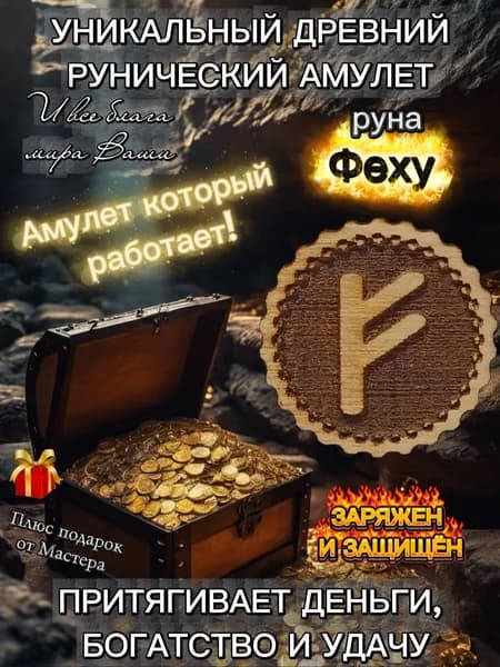 Руна Феху Сильный Амулет для притягивания денег, удачи и финансового благополучия. В кошелёк.