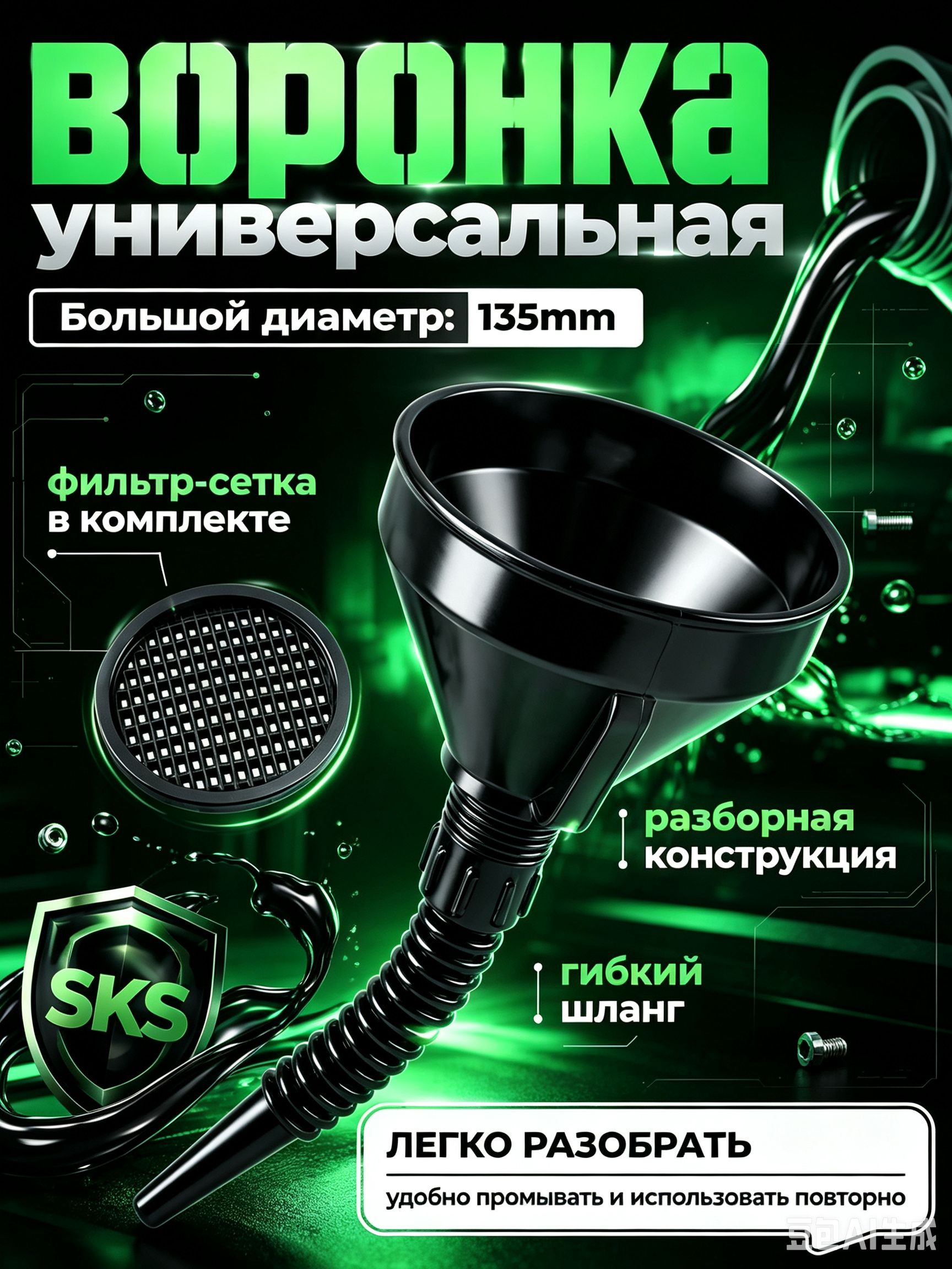 Воронка автомобильная для бензина с сеткой и гибким шлангом