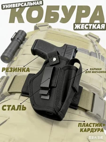 Кобура набедренная универсальная с карманом для магазина, застежками и скобой