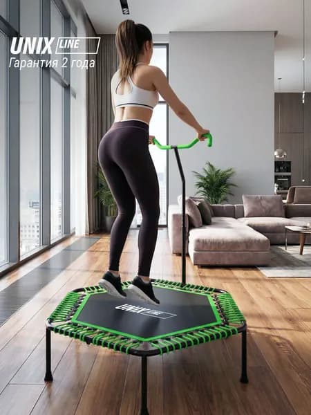 Батут спортивный для фитнеса и джампинга с ручкой UNIX Line Фитнес / Fitness PRO, диаметр 125 см, до 130 кг, счетчик прыжков, для взрослых и детей, для дачи и дома, зеленый