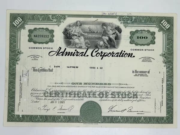 Ценная бумага США Admiral Corporation. Сейчас Whirlpool Corp. 1960-1970 гг