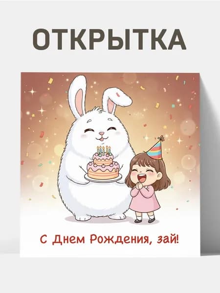 Открытка для неё - "С Днем Рождения, зай!" (10 на 10 см) + крафтовый конверт