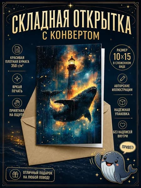 "Путеводные киты", яркая мотивирующая открытка с крафтовым конвертом, дизайнерская бумага, 10x15 см, складная подарочная без надписей, для туристов и мечтателей