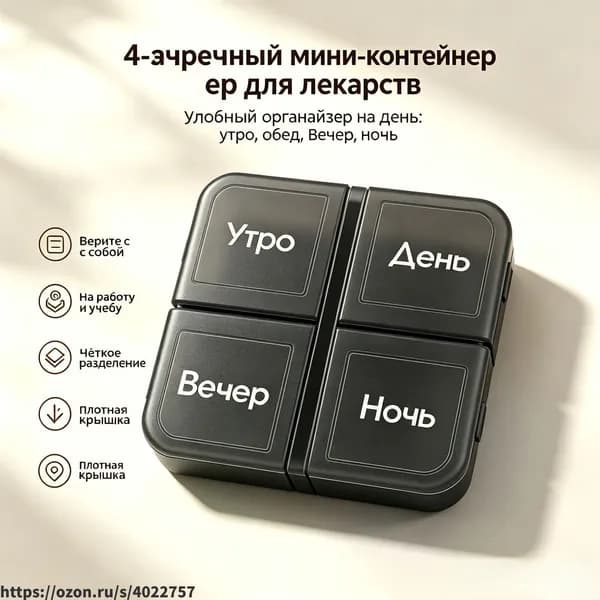 Таблетница на день, 4 отделения, дорожная, компактная, для таблеток и витаминов
