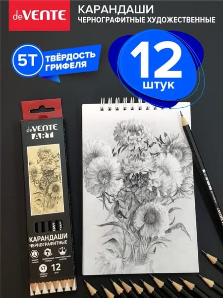 Карандаши простые твердостью 5Т художественные профессиональные чернографитные 12 шт.