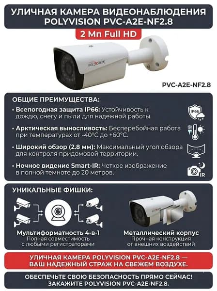 Камера видеонаблюдения PVC-A2E-NF2.8 POLYVISION уличная AHD 2 Мп цилиндрическая