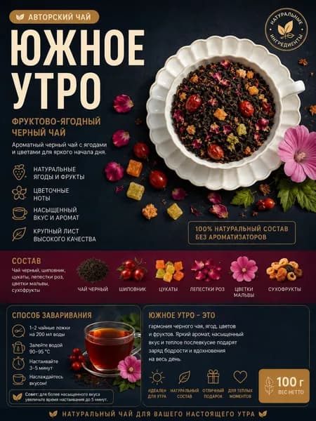 Чай фруктово-ягодный черный крупнолистовой "Южное утро" 100г ароматный листовой чай с цукатами, шиповником и розой