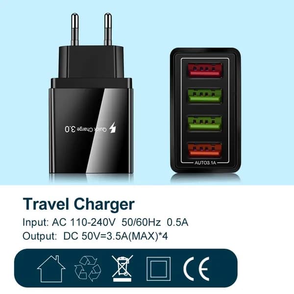 4-портовое USB-зарядное устройство с LED-подсветкой, евроразъем, чёрный