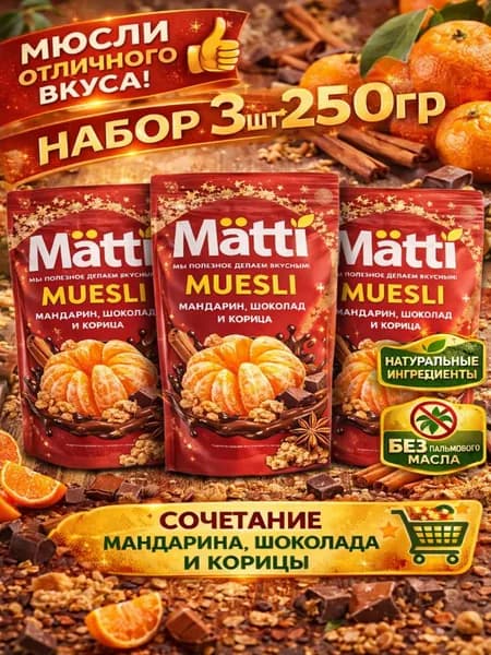 Мюсли запеченные с Мандарином, шоколадом и корицей Matti 3шт по 250г