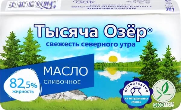Масло сливочное ТЫСЯЧА ОЗЕР несоленое 82,5%, без змж, 400г - 1 шт.