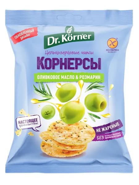 Чипсы кукурузно-рисовые Dr. Korner со вкусом оливкового масла и розмарина, цельнозерновые, 50 г