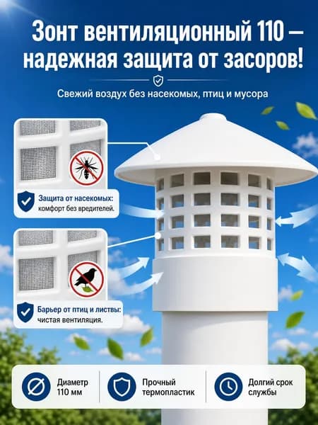Зонт вентиляционный 110, защитный колпак на трубу, дефлектор для вентиляции, от насекомых, птиц и листвы, для дома