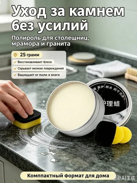 Воск для полировки камня и столешниц, гидрофобный защитный состав мрамора, гранита, кварца, средство против царапин и пятен на кухне, паста 25 г