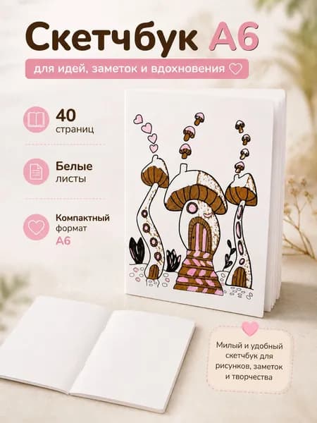 Скетчбук блокнот А6. 40 страниц. Белые листы для рисования. Дизайн "Грибной домик"