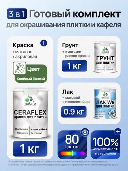 Комплект Malare LIPPO для окрашивания плитки и кафеля (1кг грунт + 1 кг краска + 0.9кг лак), акриловый, без запаха, быстросохнущий, матовый, цвет хвойный бонсай