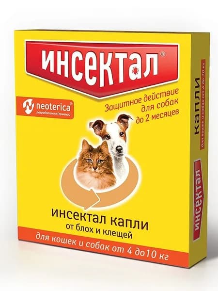 ИНСЕКТАЛ Капли от Клещей и Блох для Кошек и Собак 4 - 10 кг