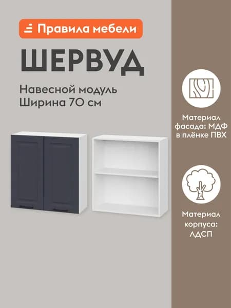 Кухонный модуль навесной, шкаф Шервуд с доводчиками, с полками, 70х29.6х72 см, Белый / Шато индиго
