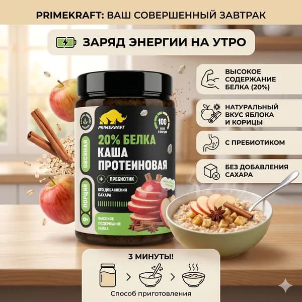 Каша овсяная протеиновая быстрого приготовления Primekraft со вкусом Яблоко-Корица , банка 360 г