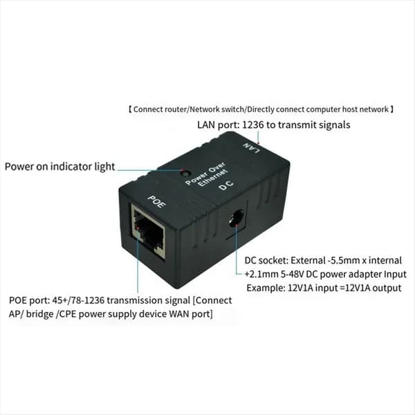 Модуль PoE-адаптера для IP-камер, 100 Мбит/с, 5 В, 12 В, 24 В, 48 В/1 А черный.