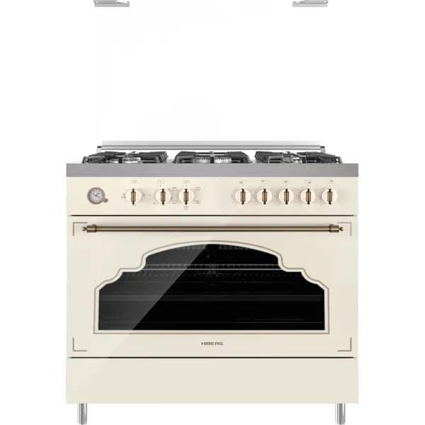 Плита комбинированная Hiberg FEG 950-35 SY, бежевый, 5 газовых конфорок, 111 л, газ-контроль, электроподжиг