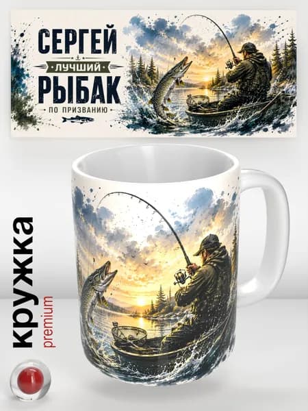 Сергей Именная кружка для рыбака с тематическим рисунком, 330 мл
