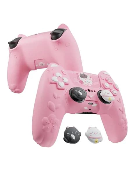 PlayVital силиконовый чехол для геймпада PS5 Cherry Blossoms Kitten противоскользящий, мягкий резиновый протектор с накладками на стики и стикером, розовый, защита и комфорт для игры