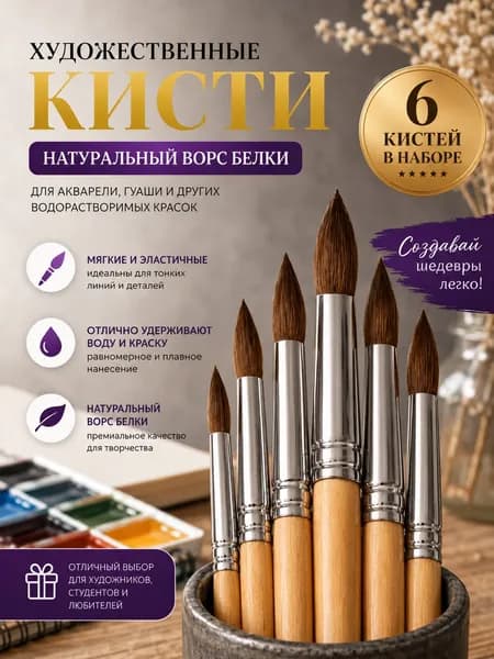 Набор кистей для рисования Круглая  № 1/0, 2/0, 6 шт.